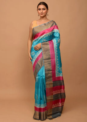 Blue Tussar Silk Saree With Blouse Piece - Indian Silk House Agencies