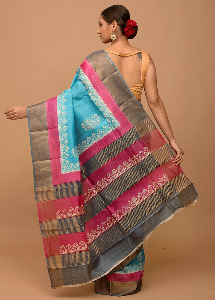 Blue Tussar Silk Saree With Blouse Piece - Indian Silk House Agencies