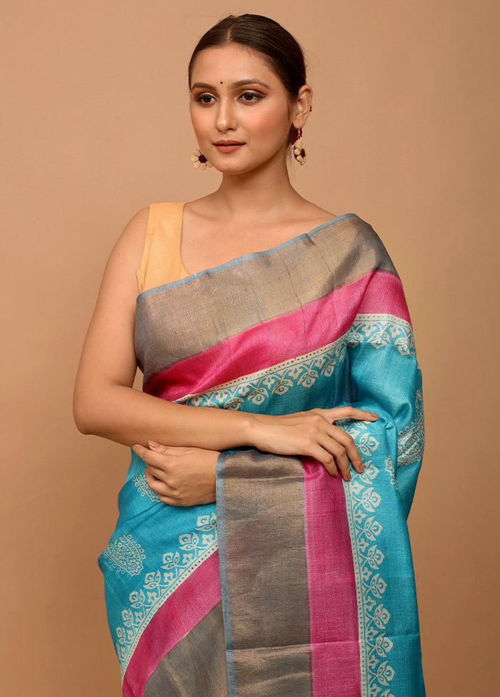 Blue Tussar Silk Saree With Blouse Piece - Indian Silk House Agencies