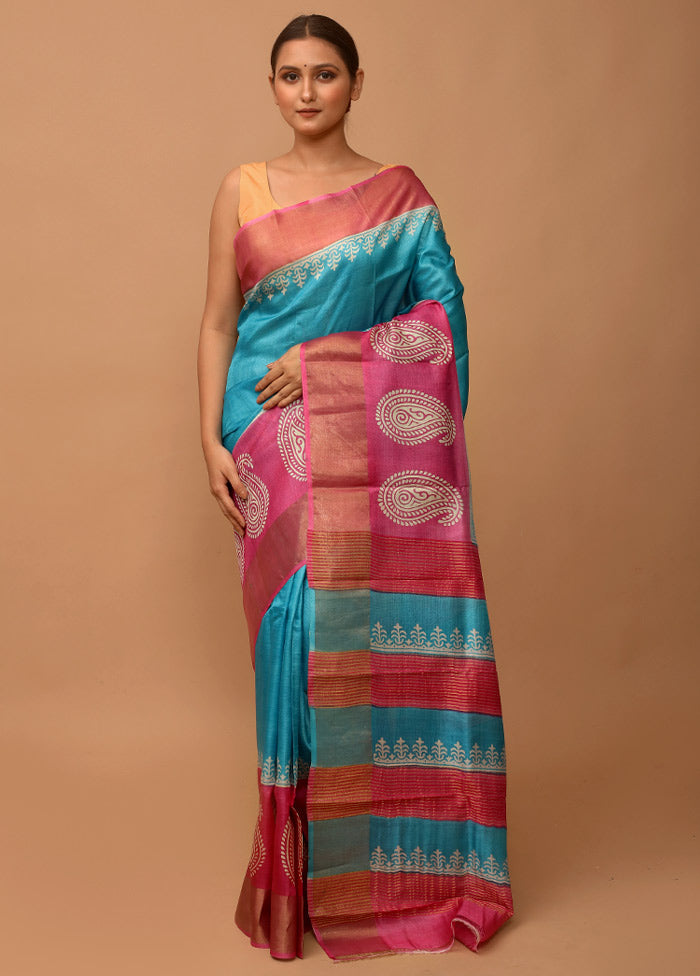 Blue Tussar Silk Saree With Blouse Piece - Indian Silk House Agencies