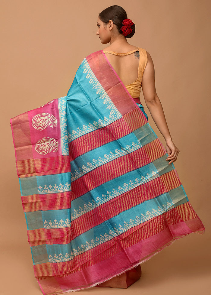 Blue Tussar Silk Saree With Blouse Piece - Indian Silk House Agencies