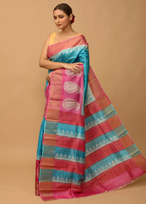 Blue Tussar Silk Saree With Blouse Piece - Indian Silk House Agencies