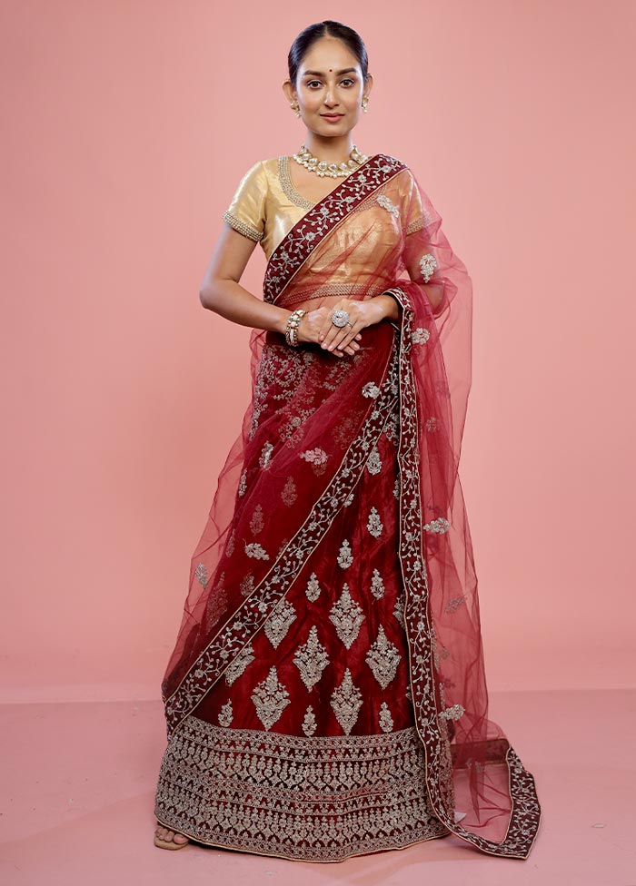 3 Pc Maroon Semi Stitched Velvet Lehenga Set - Indian Silk House Agencies