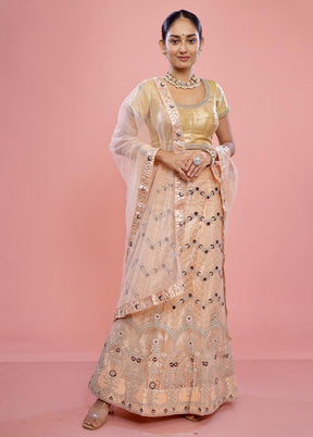 3 Pc Cream Semi Stitched Silk Lehenga Set - Indian Silk House Agencies