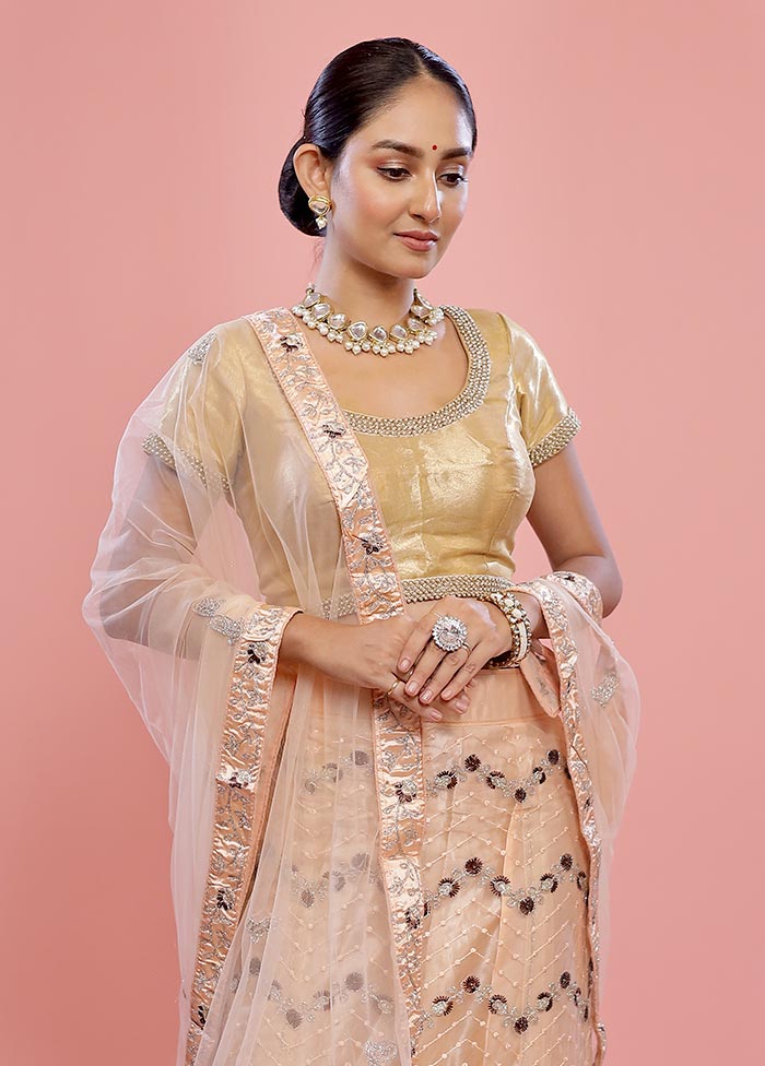 3 Pc Cream Semi Stitched Silk Lehenga Set - Indian Silk House Agencies