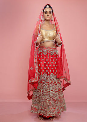 3 Pc Red Semi Stitched Silk Lehenga Set - Indian Silk House Agencies