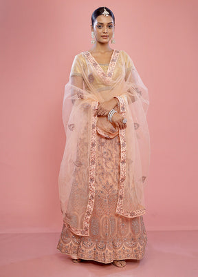 3 Pc Peach Semi Stitched Silk Lehenga Set - Indian Silk House Agencies