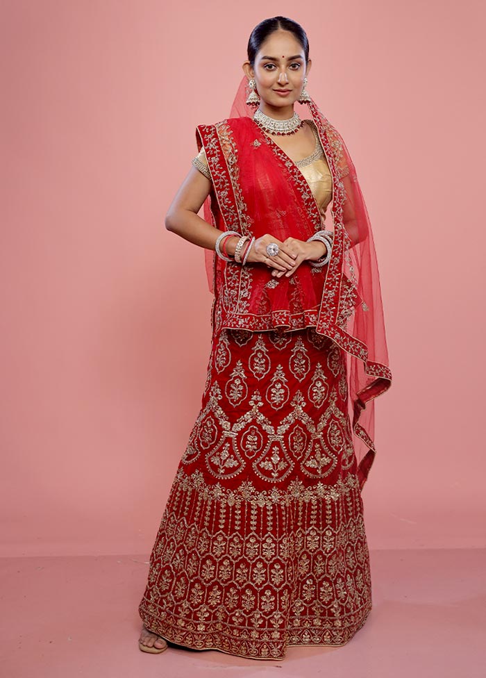 3 Pc Red Net Semi Stitched Lehenga Set - Indian Silk House Agencies