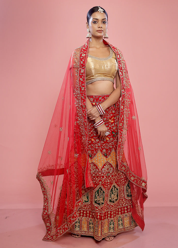 3 Pc Red Net Semi Stitched Lehenga Set - Indian Silk House Agencies