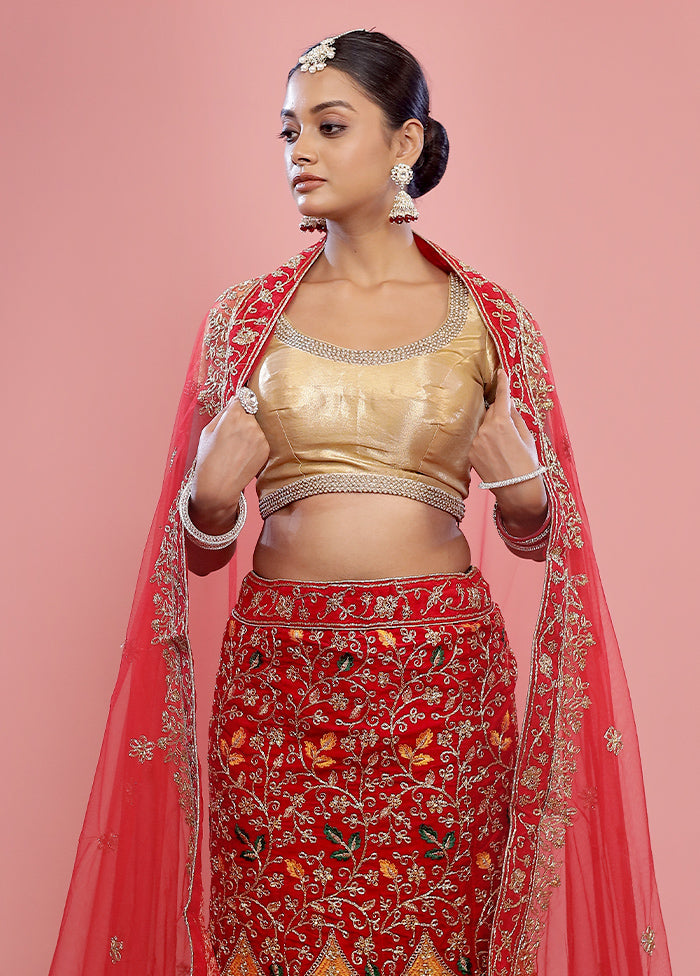 3 Pc Red Net Semi Stitched Lehenga Set - Indian Silk House Agencies