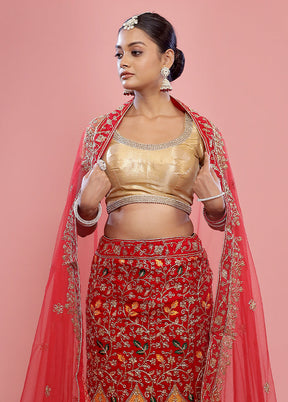 3 Pc Red Net Semi Stitched Lehenga Set - Indian Silk House Agencies