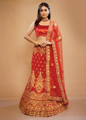 3 Pc Red Net Semi Stitched Lehenga Set - Indian Silk House Agencies