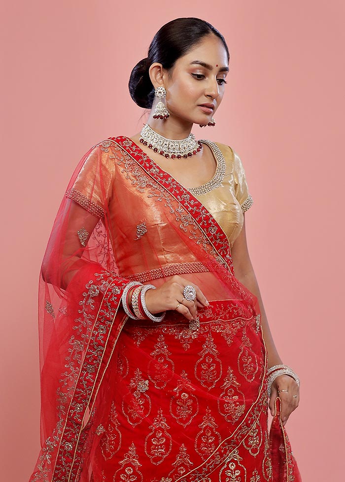 3 Pc Red Net Semi Stitched Lehenga Set - Indian Silk House Agencies