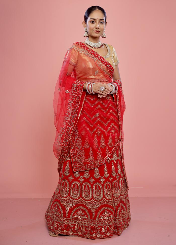 3 Pc Red Net Semi Stitched Lehenga Set - Indian Silk House Agencies