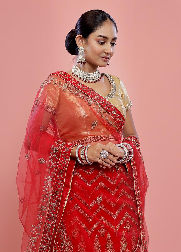 3 Pc Red Net Semi Stitched Lehenga Set - Indian Silk House Agencies