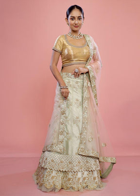 3 Pc Lemon Green Semi Stitched Silk Lehenga Set - Indian Silk House Agencies