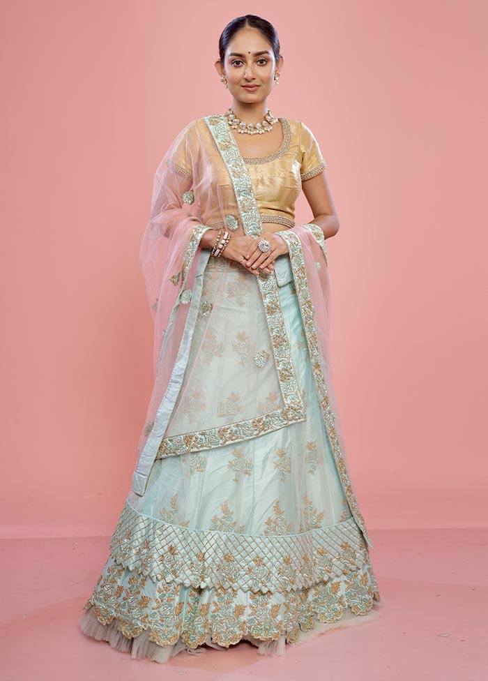 3 Pc Sky Blue Semi Stitched Silk Lehenga Set - Indian Silk House Agencies