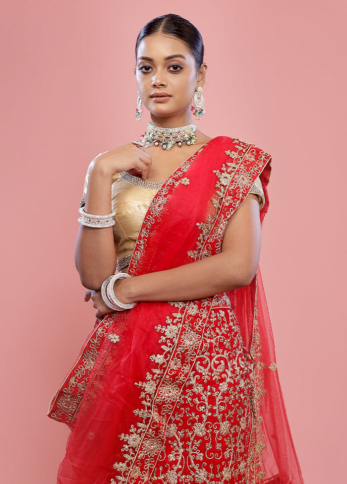 3 Pc Red Semi Stitched Silk Lehenga Set - Indian Silk House Agencies