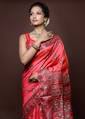 Pink Handloom Baluchari Pure Silk Saree With Blouse Piece