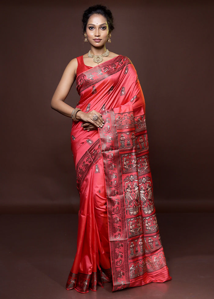 Pink Handloom Baluchari Pure Silk Saree With Blouse Piece