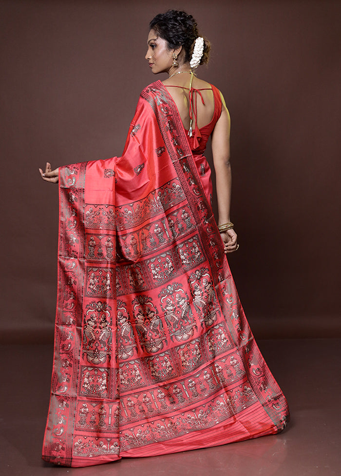 Pink Handloom Baluchari Pure Silk Saree With Blouse Piece