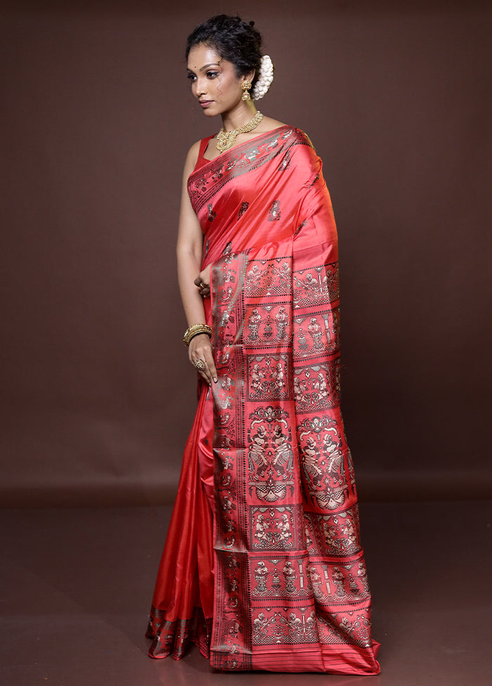 Pink Handloom Baluchari Pure Silk Saree With Blouse Piece