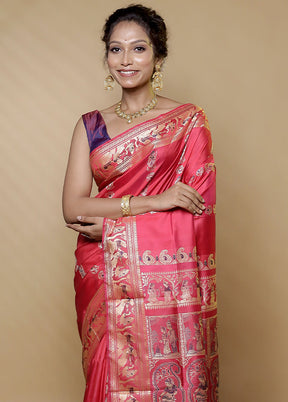 Pink Handloom Baluchari Pure Silk Saree With Blouse Piece