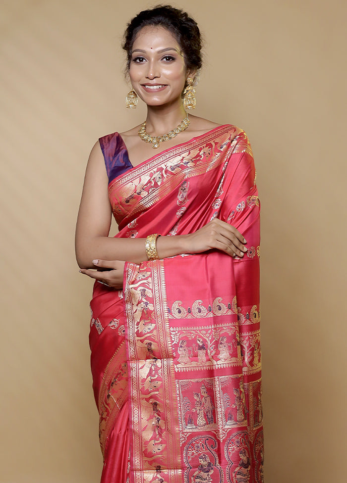 Pink Handloom Baluchari Pure Silk Saree With Blouse Piece