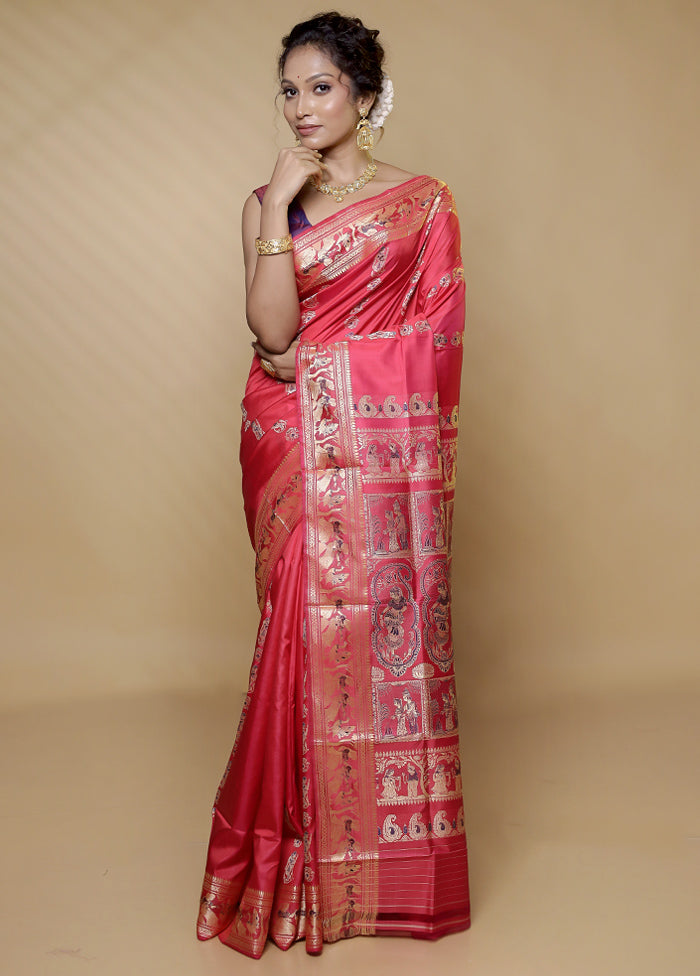 Pink Handloom Baluchari Pure Silk Saree With Blouse Piece