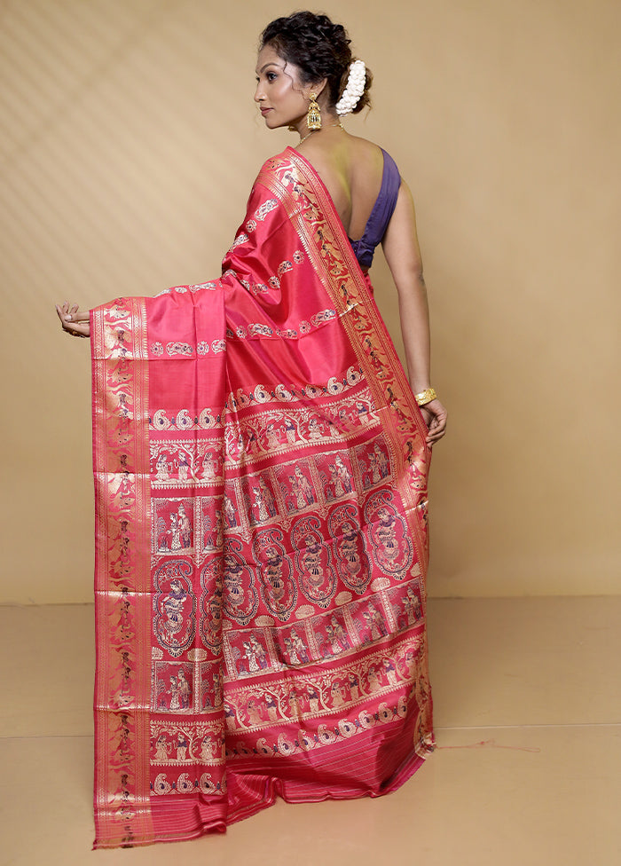 Pink Handloom Baluchari Pure Silk Saree With Blouse Piece