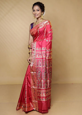 Pink Handloom Baluchari Pure Silk Saree With Blouse Piece