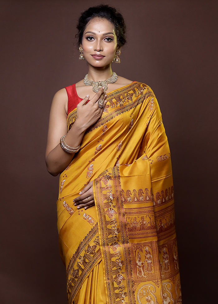 Yellow Handloom Baluchari Pure Silk Saree With Blouse Piece