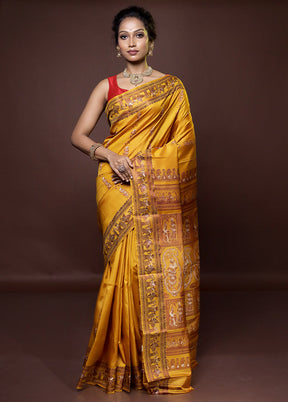 Yellow Handloom Baluchari Pure Silk Saree With Blouse Piece