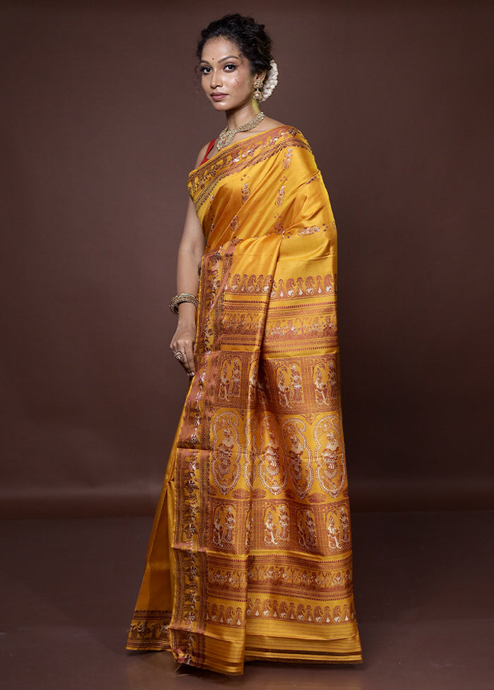 Yellow Handloom Baluchari Pure Silk Saree With Blouse Piece