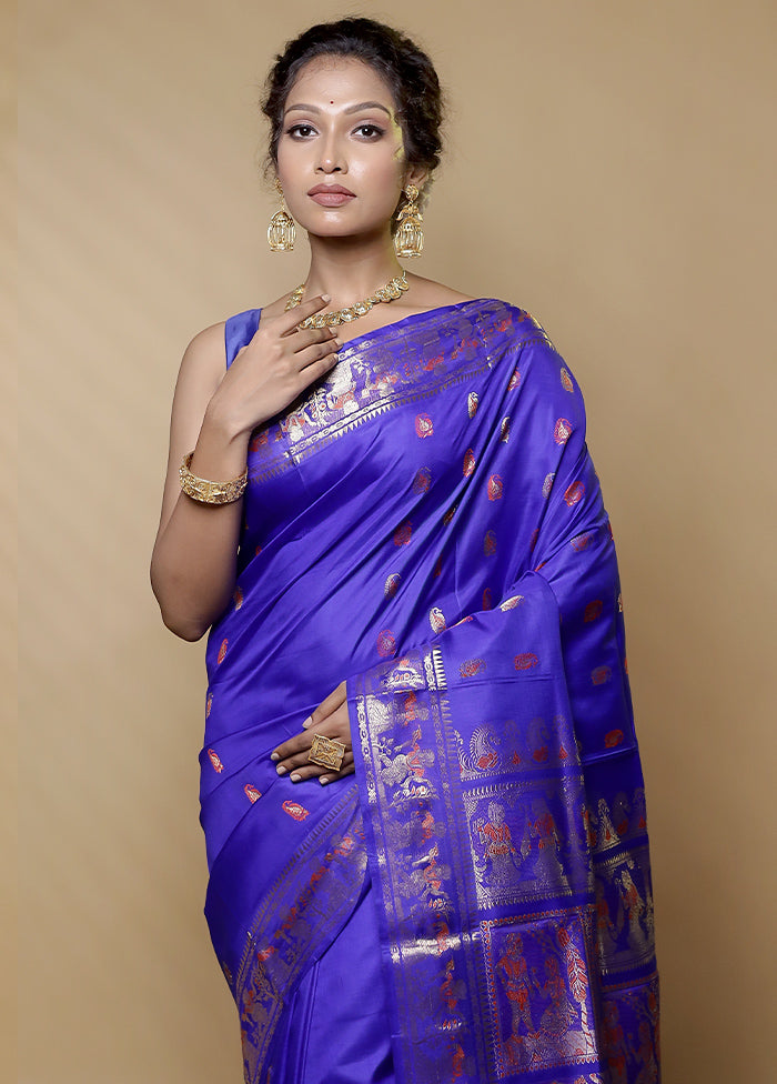 Blue Handloom Baluchari Pure Silk Saree With Blouse Piece