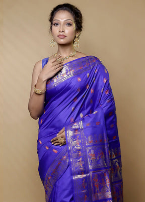 Blue Handloom Baluchari Pure Silk Saree With Blouse Piece