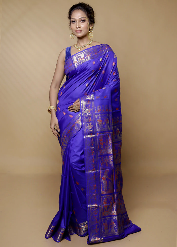 Blue Handloom Baluchari Pure Silk Saree With Blouse Piece