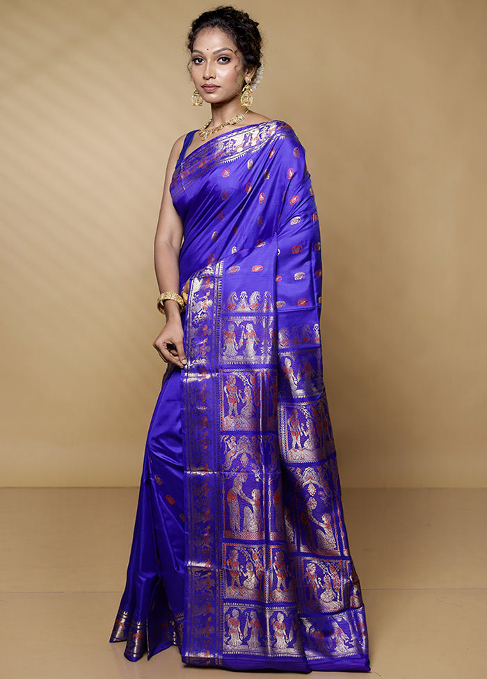 Blue Handloom Baluchari Pure Silk Saree With Blouse Piece