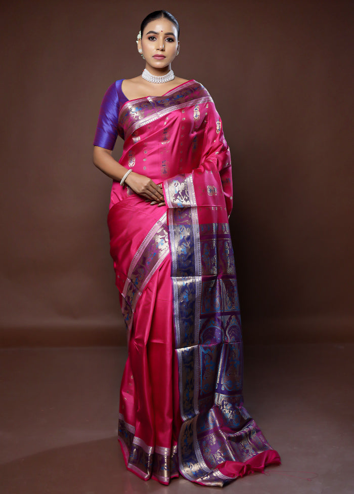 Pink Handloom Baluchari Pure Silk Saree With Blouse Piece