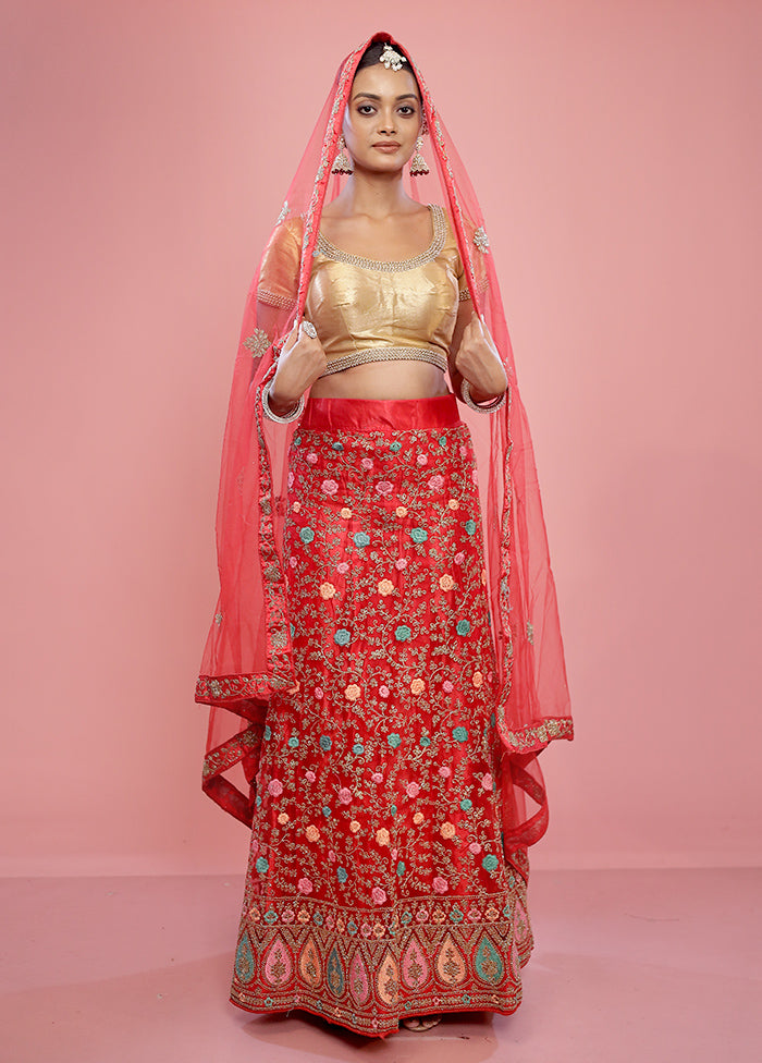 3 Pc Red Semi Stitched Silk Lehenga Set - Indian Silk House Agencies