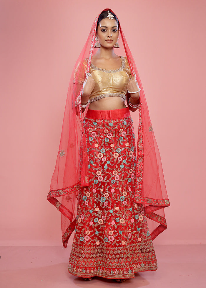 3 Pc Red Semi Stitched Silk Lehenga Set - Indian Silk House Agencies