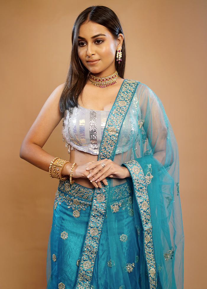 3 Pc Blue Georgette Semi Stitched Lehenga Set - Indian Silk House Agencies