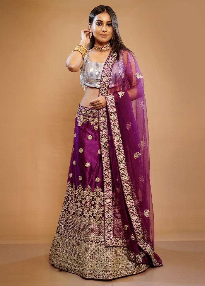 3 Pc Purple Georgette Semi Stitched Lehenga Set - Indian Silk House Agencies