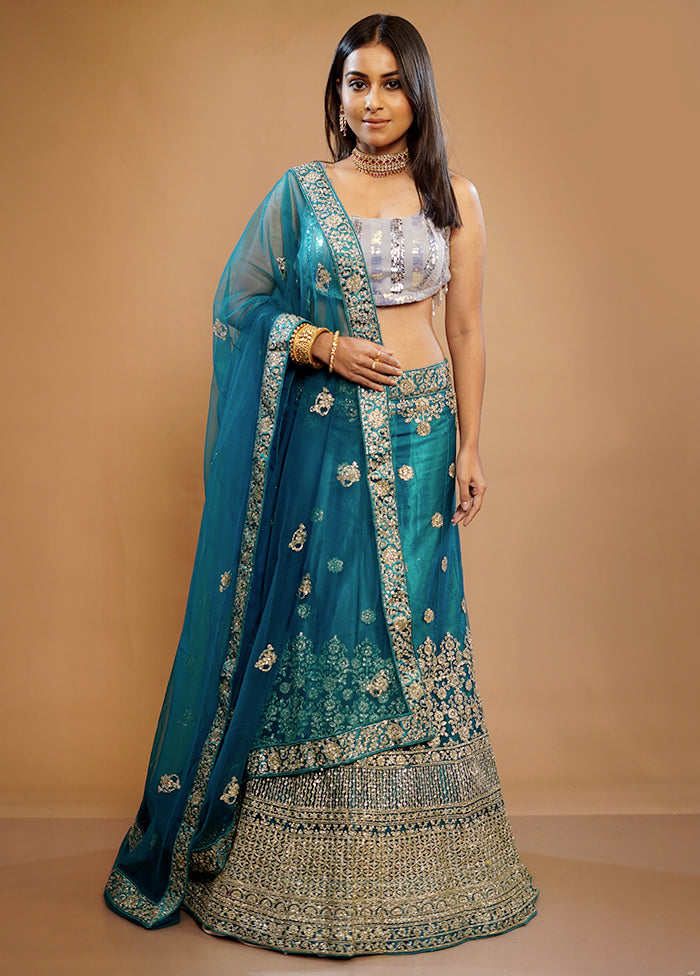 3 Pc Green Georgette Semi Stitched Lehenga Set - Indian Silk House Agencies