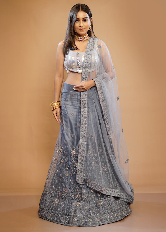 3 Pc Grey Georgette Semi Stitched Lehenga Set - Indian Silk House Agencies