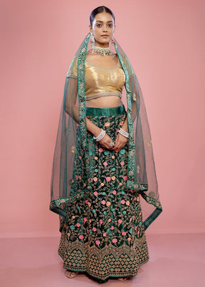 3 Pc Green Semi Stitched Silk Lehenga Set - Indian Silk House Agencies