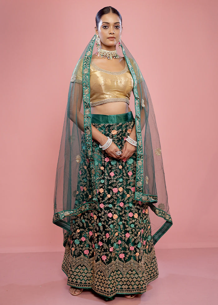 3 Pc Green Semi Stitched Silk Lehenga Set - Indian Silk House Agencies