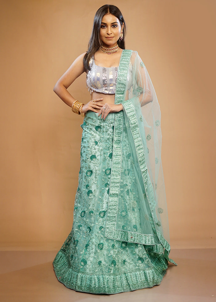 3 Pc Green Georgette Semi Stitched Lehenga Set - Indian Silk House Agencies