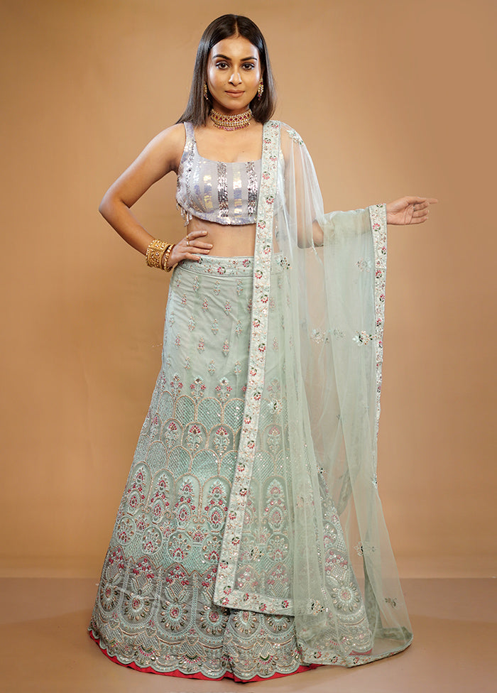 3 Pc Grey Georgette Semi Stitched Lehenga Set - Indian Silk House Agencies