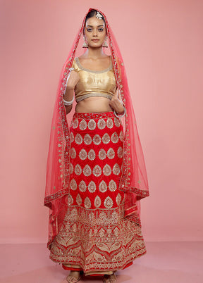 3 Pc Red Semi Stitched Silk Lehenga Set - Indian Silk House Agencies